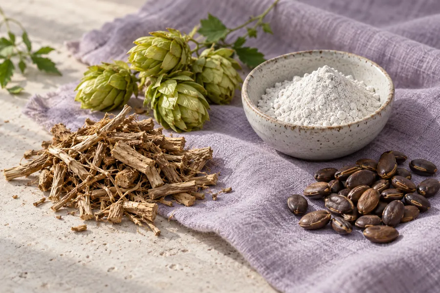 Valerian root, hop cones, mineral powder and griffonia seeds on linen