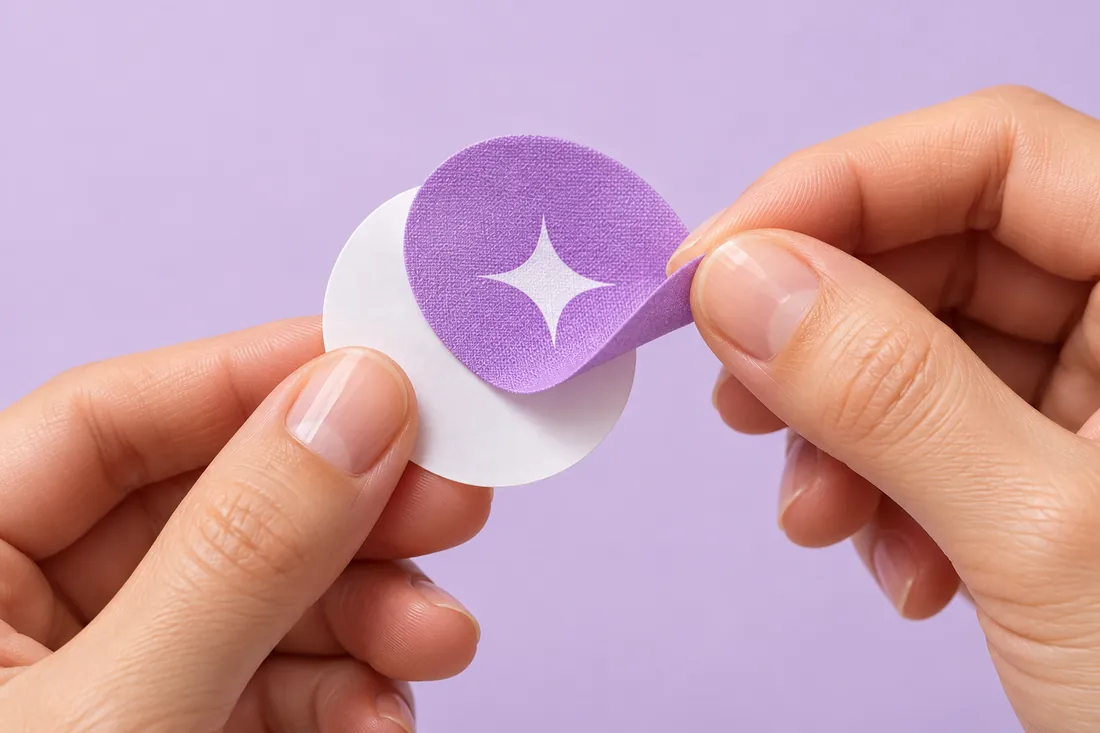 Hands peeling a round purple Ledisa Sleep Patch off its backing