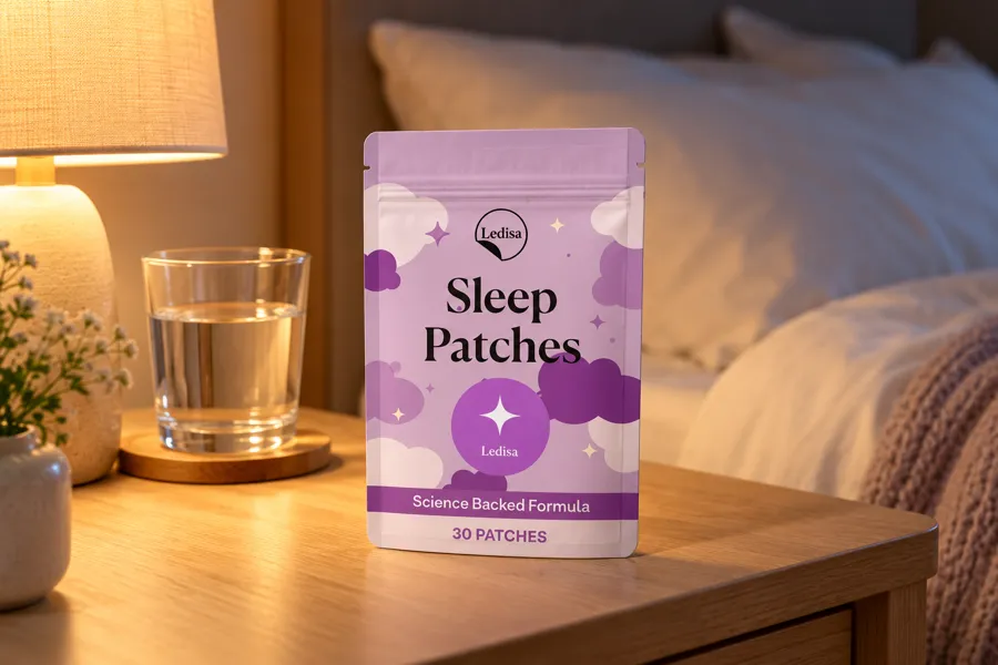 A pouch of Ledisa Sleep Patches on a bedside table at night